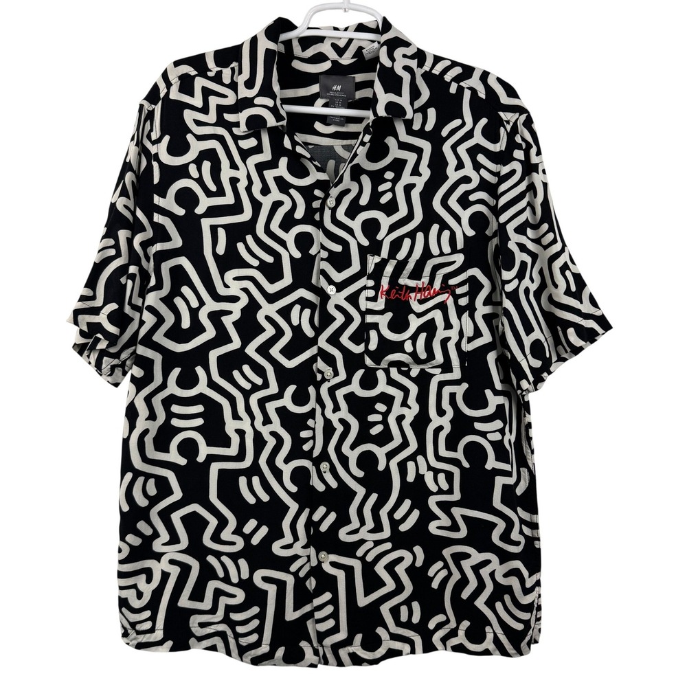 HM Keith Haring Pop Art Graphic Print Rayon Short Sleeve Shirt Mens Medium Black